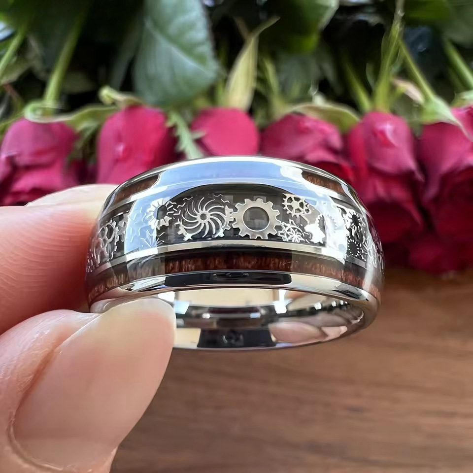 Cross-Border Popular Stainless Steel Ring Fashion 10mm Three-Line Wood Grain Mechanical Gear Ring Men's Jewelry Wholesale