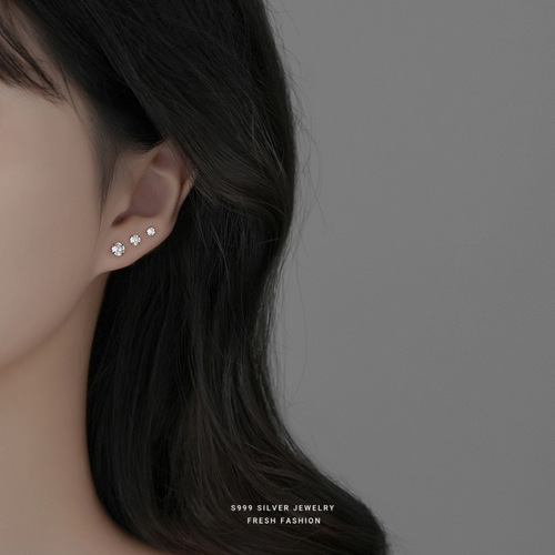 s999 pure silver super flash four-claw zircon earrings for women, minimalist, versatile, fashionable and compact, ins style sterling silver earrings wholesale