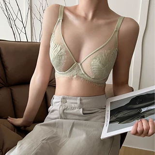 法式超薄款大胸显小内衣女性感网纱蕾丝上托防下垂收副乳文胸罩