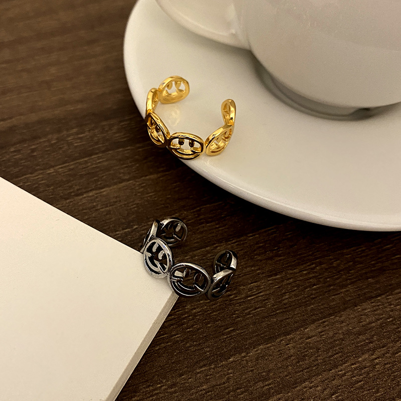 European and American new cute hollow smiley silver plated copper ring female