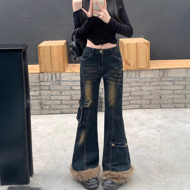 2025 New Vintage Washed Antique Stitching Micro-Raved Jeans Women's Hot Girl Slim-Fit Slimming Wide-Leg Trousers