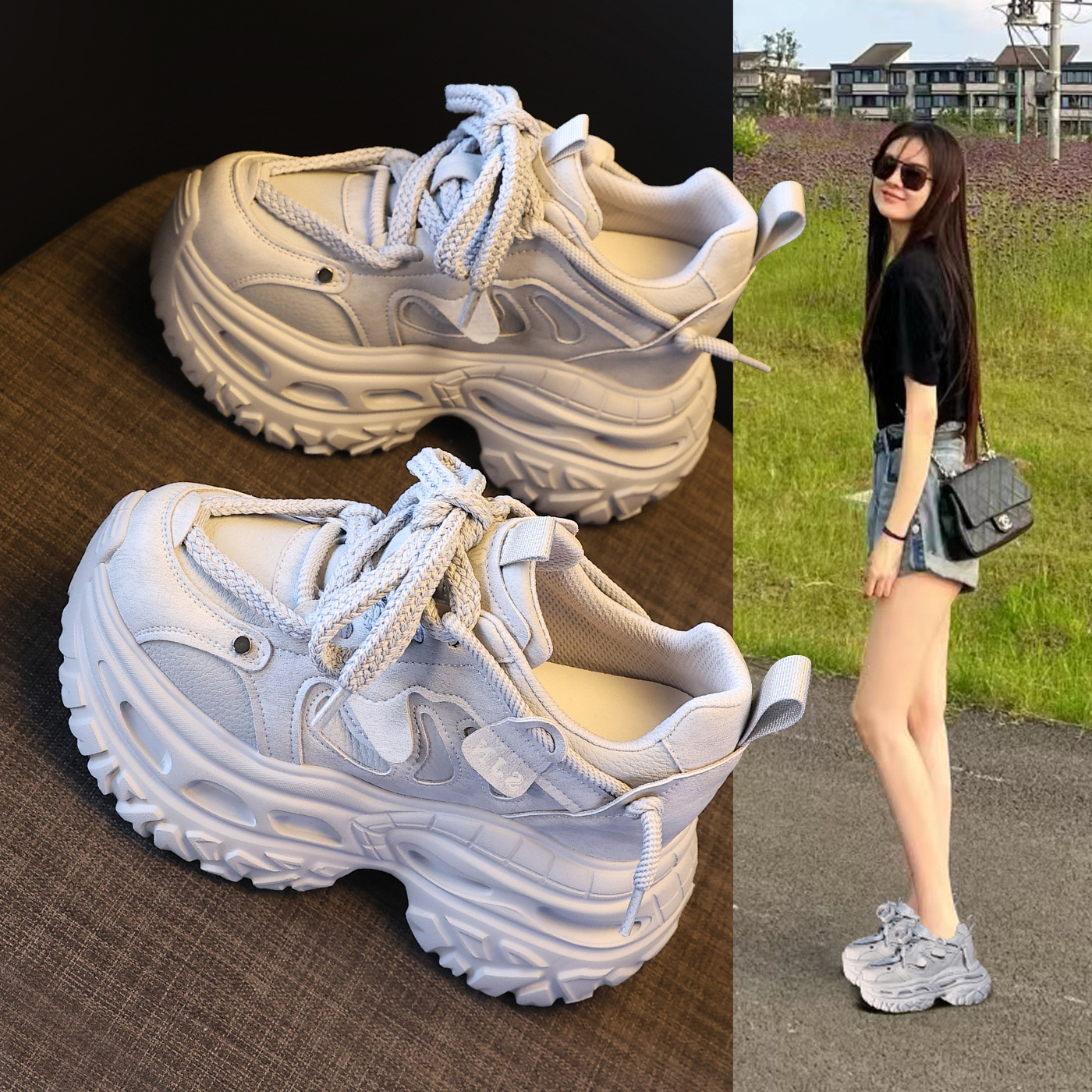 Giày sneaker nữ đế dày tăng chiều cao phong cách daddy chunky — màu đen