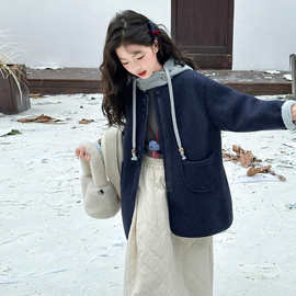 女童秋冬假两件连帽呢大衣2025新款洋气中大童韩系加绒加厚呢大衣