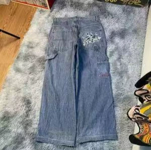 跨境厂家直销欧美街头嘻哈印花牛仔裤男士高街小众多口袋阔腿长裤