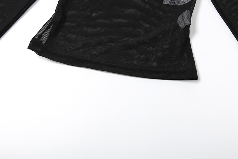 Spring Women Clothing Sexy Sexy round Neck Printed Mesh See through Slim Fit Cropped T shirt