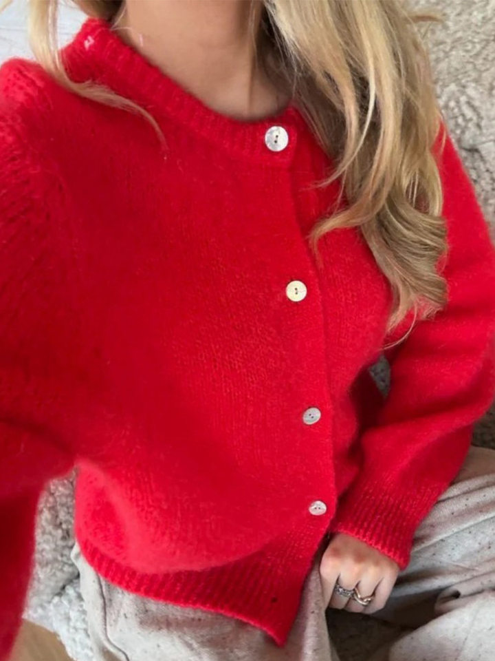 Áo cardigan len dệt kim dáng mỏng nhẹ cài nút một hàng, tay dài cổ tròn nữ — hoa hồng đỏ, màu be, màu cam, màu hoa cà chi tiết 33