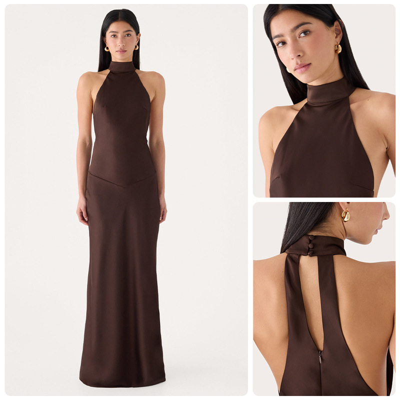 Dark brown halter neck long formal dress with stand-up collar, halter neck, deep open back, back clasp, fishtail hem, and floor-length skirt