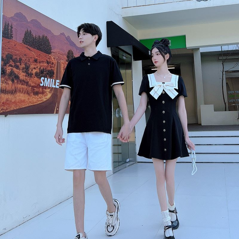法式情侣装夏季立领设计感拼接你衣我裙小个子学院风连衣裙上衣潮