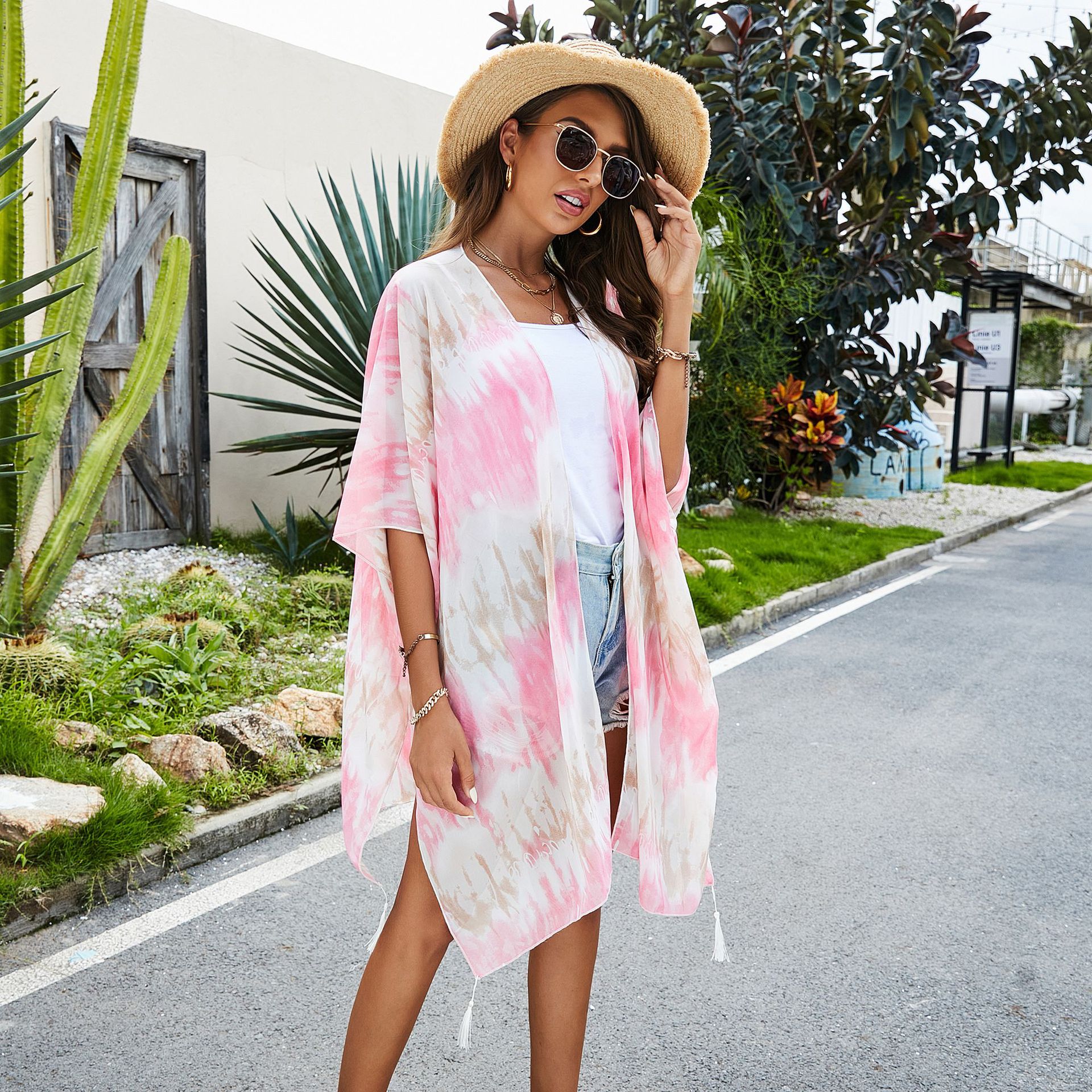 Amazon primavera y verano nueva gasa rayas color matching gradient impresión borla blusa protección solar sombrilla