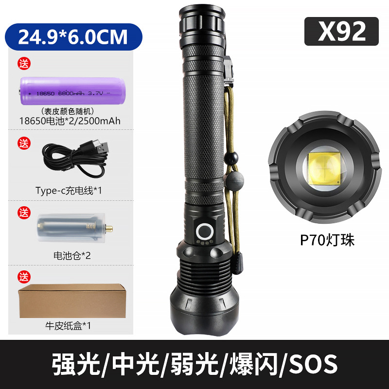 Linterna de luz fuerte transfronteriza P90, linterna recargable con zoom telescópico de aleación de aluminio, iluminación de largo alcance al aire libre, luz de pesca nocturna