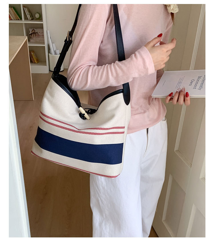 Korean version large-capacity women's 2025 new style fashionable canvas striped single-shoulder underarm bag casual commuting tote bag undefined