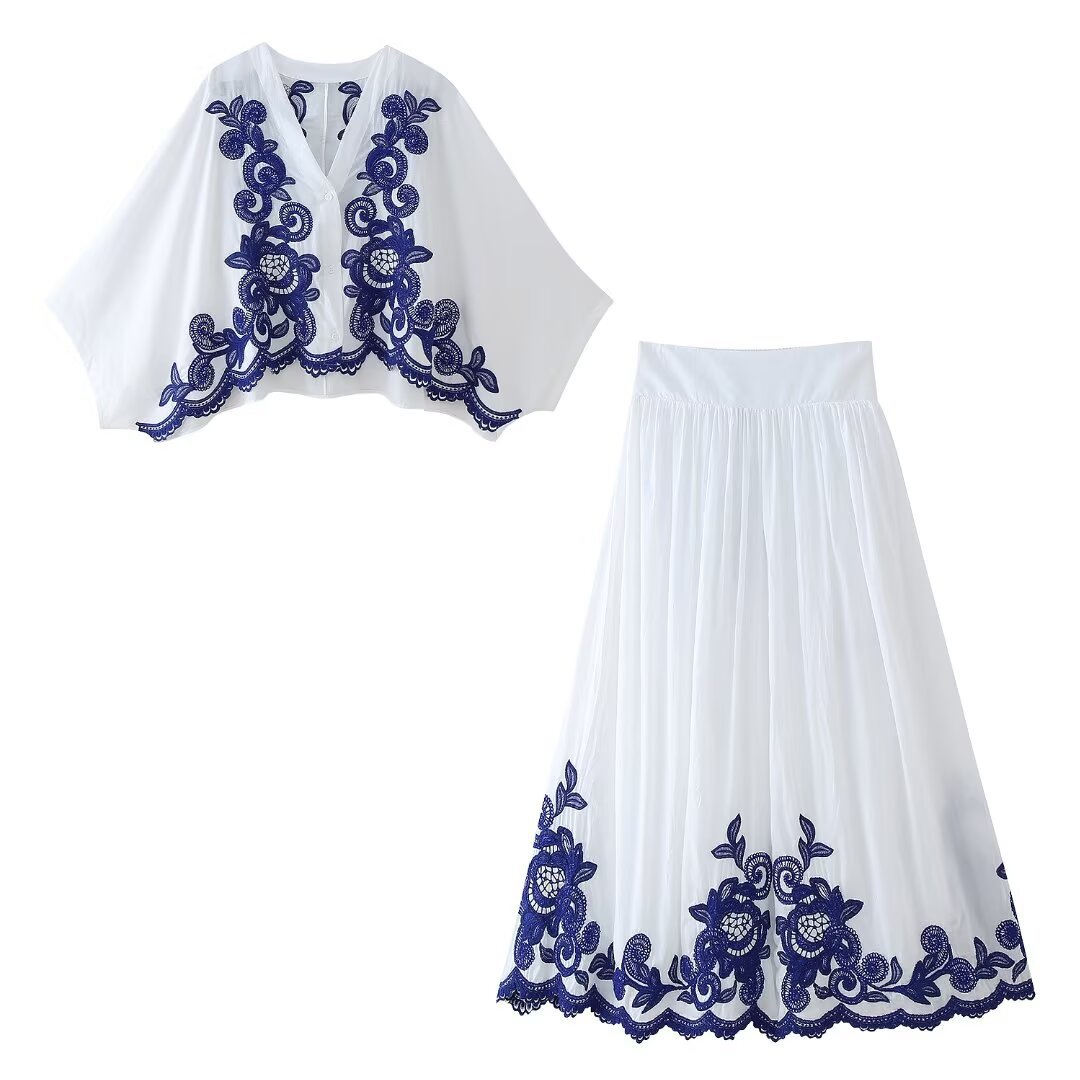 2024 Summer New Women's Fashion Contrast Embroidered Shirt Skirt suit Women