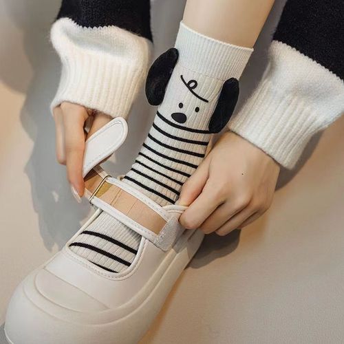 Spring and Autumn New Cartoon Striped Puppy Socks Women's Mid-Tube Socks High-Looking Non-Slip Women's Socks Japanese College Style Stockings