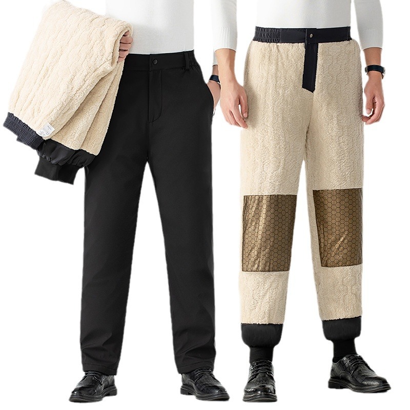 Pantalones de algodón para hombres, otoño e invierno, más pantalones casuales de uso exterior de grafeno de terciopelo, calefacción y rodilleras, pantalones de lana de cordero de mediana edad y ancianos a prueba de viento
