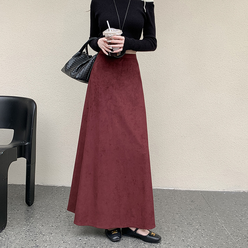 美拉德棕咖色麂皮绒半身裙女春秋款高腰a字长裙子半裙大摆伞裙4色|undefined
