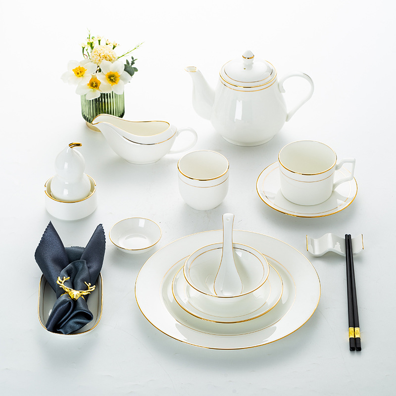 景德镇骨瓷金边酒店摆台餐具套装自由搭配包厢样板房会所碗盘
