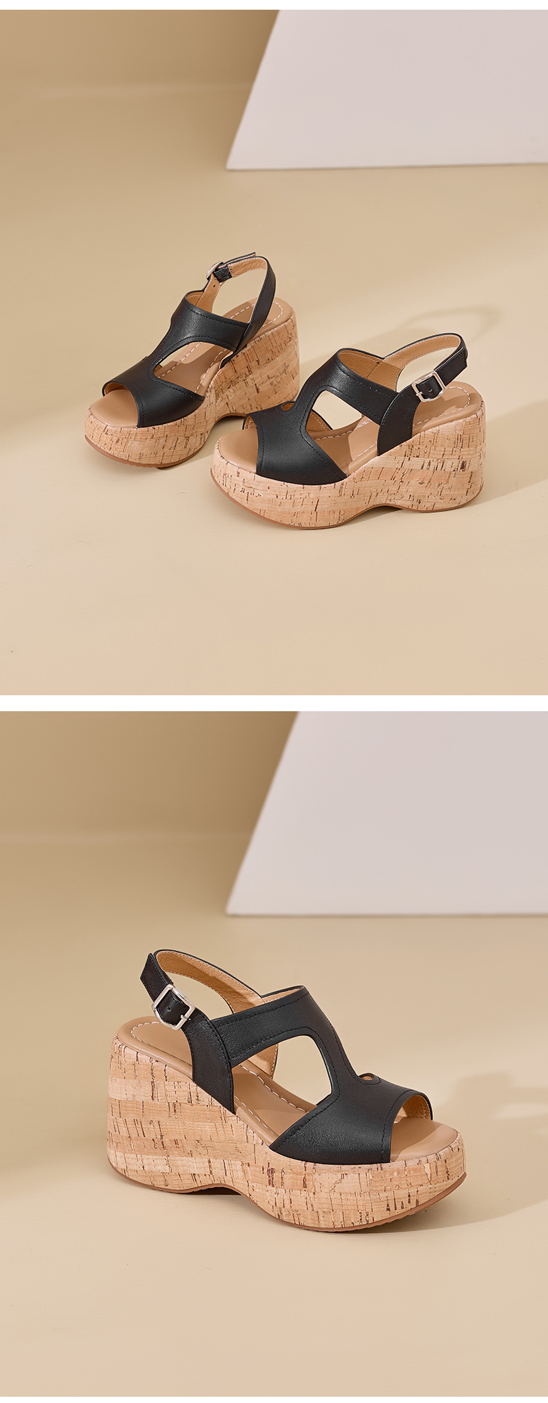 Sandal cao gót nữ đế platform hở mũi da thật gót 10 cm phong cách La Mã — màu đen, màu nâu nhạt chi tiết 12