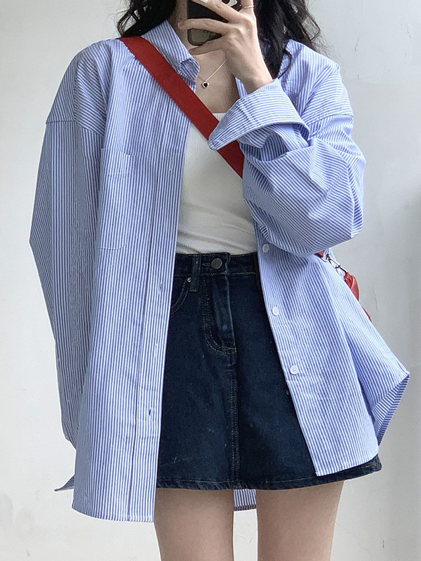 法式气质蓝色条纹衬衫女早秋2025新款宽松防晒衬衣外套上衣百搭潮|undefined