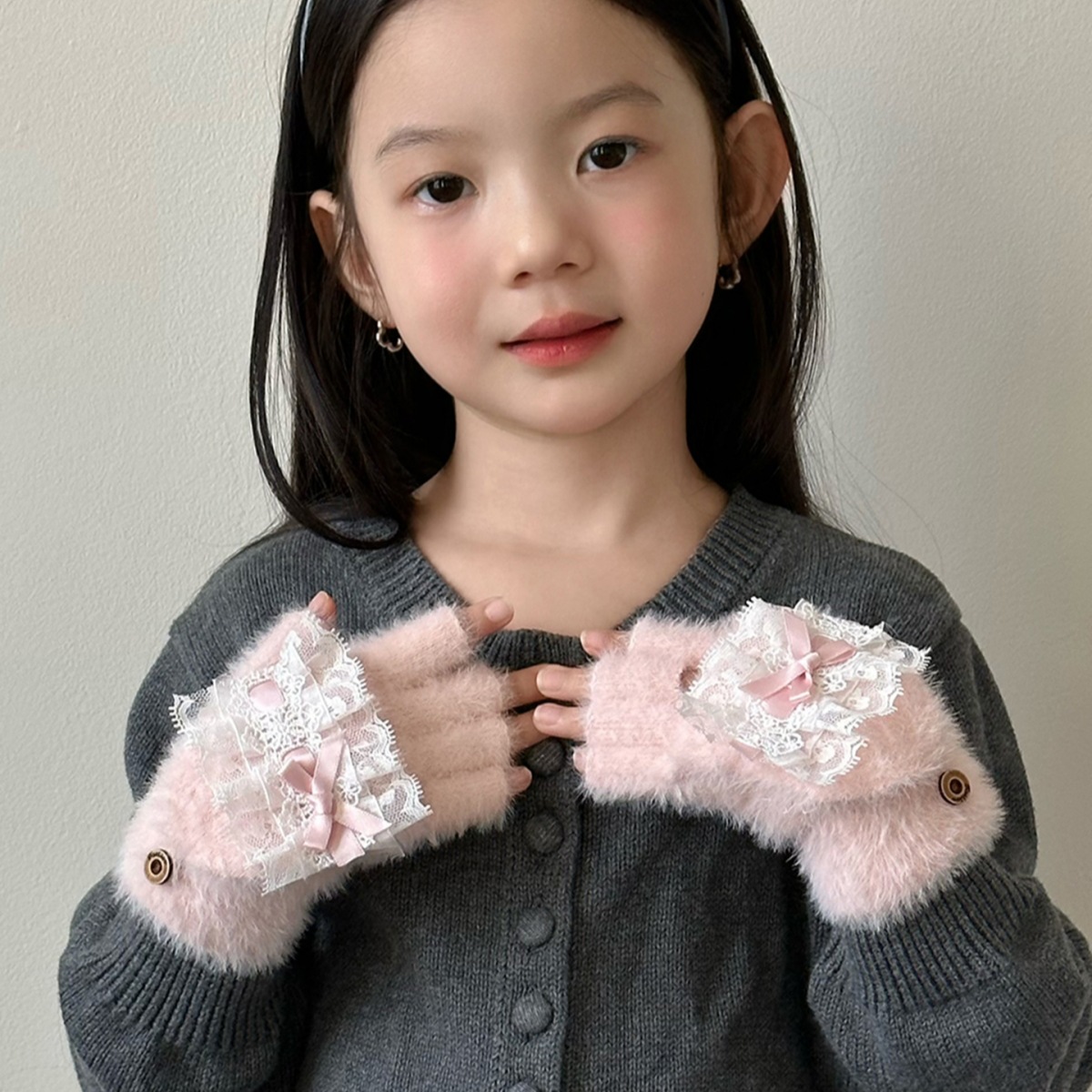 Guantes infantiles para niñas de invierno para estudiantes de primaria escritura para niñas plegable medio dedo guantes móviles peluche 2025 nuevo