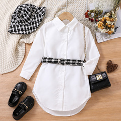 2022童裝跨境秋季新款女童時尚長款襯衣連衣裙含腰帶格子太陽帽