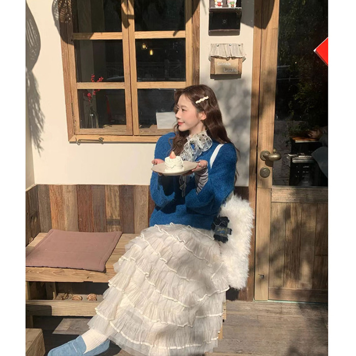 秋冬穿搭一整套装女韩系慵懒风V领套头毛衣搭休闲蛋糕蓬蓬半身裙|undefined