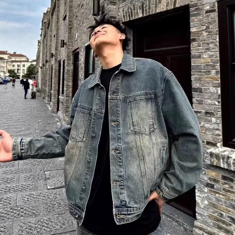American Retro Washed Denim Jacket Men's Spring and Autumn New Vintage High-End Stylish Versatile Turn-Down Collar