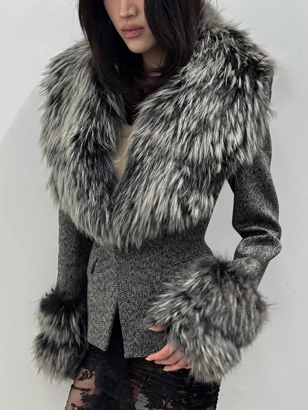 Chaqueta de Traje con Cuello de Piel de Poliéster, Manga Larga