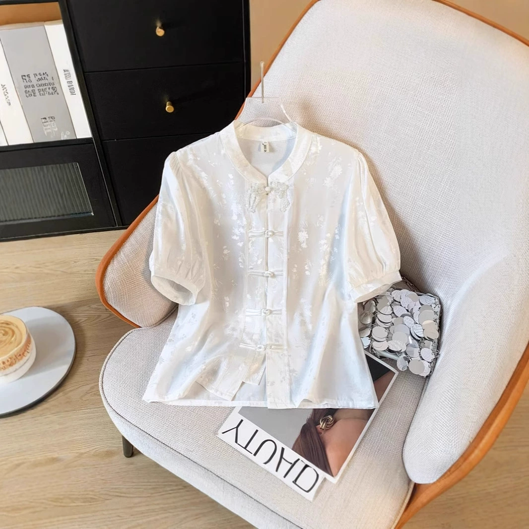 Новая рубашка в китайском стиле, элегантный воротник-стойка, двубортная рубашка с юбкой-топом в виде лошадиного лица, повседневная женская летняя одежда в китайском стиле с короткими рукавами.
