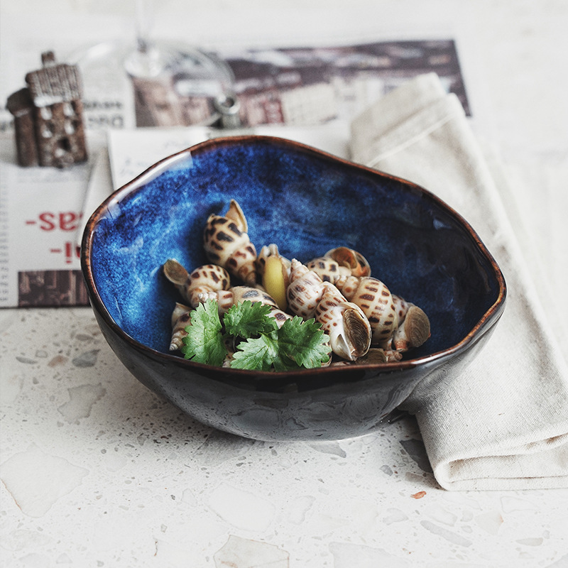 Tazón de cerámica azul irregular, cocido en horno, para uso transfronterizo, para fideos, ensalada, salsa, sopa, con acabado esmaltado