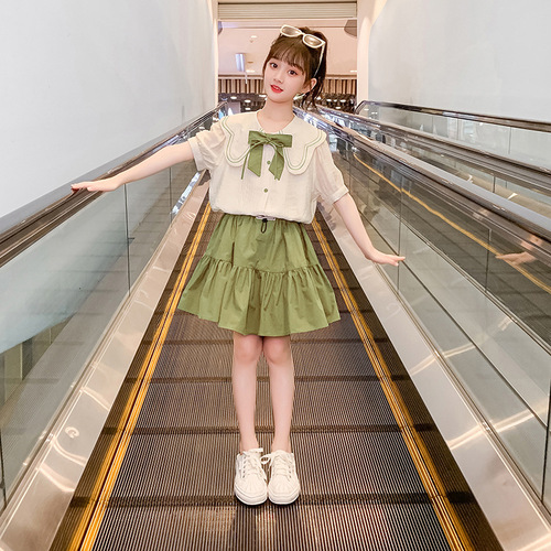 Girls' Summer 2024 Fashion Trendy Short Skirt Set with Two Pieces for Older Children - School Style