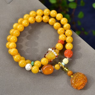 Natural beeswax two-circle bracelet chicken yellow old beeswax with raw turquoise beeswax bear size 7.7mm