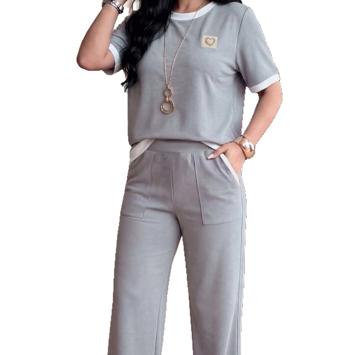 Women's Fashion Casual Color Block T-Shirt And Drawstring Elastic Waist Straight Leg Pants Two Piece Set European American Style_ecoleips.com