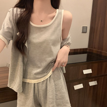 睡衣女夏天薄款纯棉小背心短款睡袍性感2025新款简约灰色三件套装
