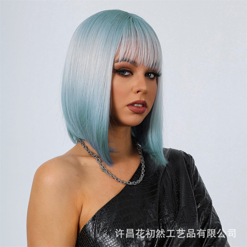 European and American Cross-Border Straight Hair Short Bob Wig with Bangs Gradient Blue Short Straight Hair Natural Artificial Rose Mesh Wig