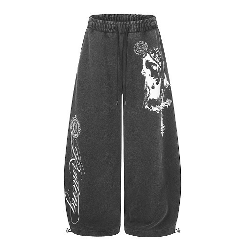 Washed and distressed portrait print wide-leg sweatpants for men, American retro style, drawstring elastic waist, high-street drape long pants Washed and distressed portrait print wide-leg sweatpants for men, American retro style, drawstring elastic waist, high-street drape long pants