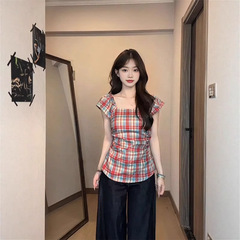 大码胖mm纯欲风一字肩格纹衬衫女2025夏季新款收腰显瘦甜辣妹上衣