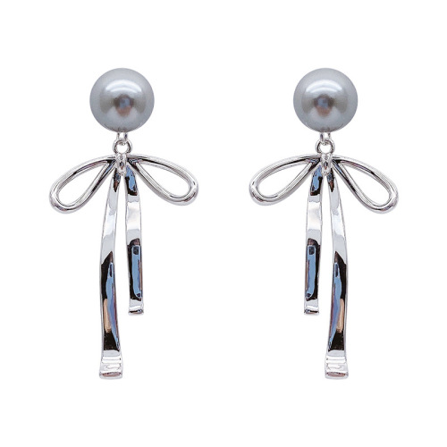 Bow gray pearl long earrings, niche design, high-end earrings, simple and sweet new style earrings