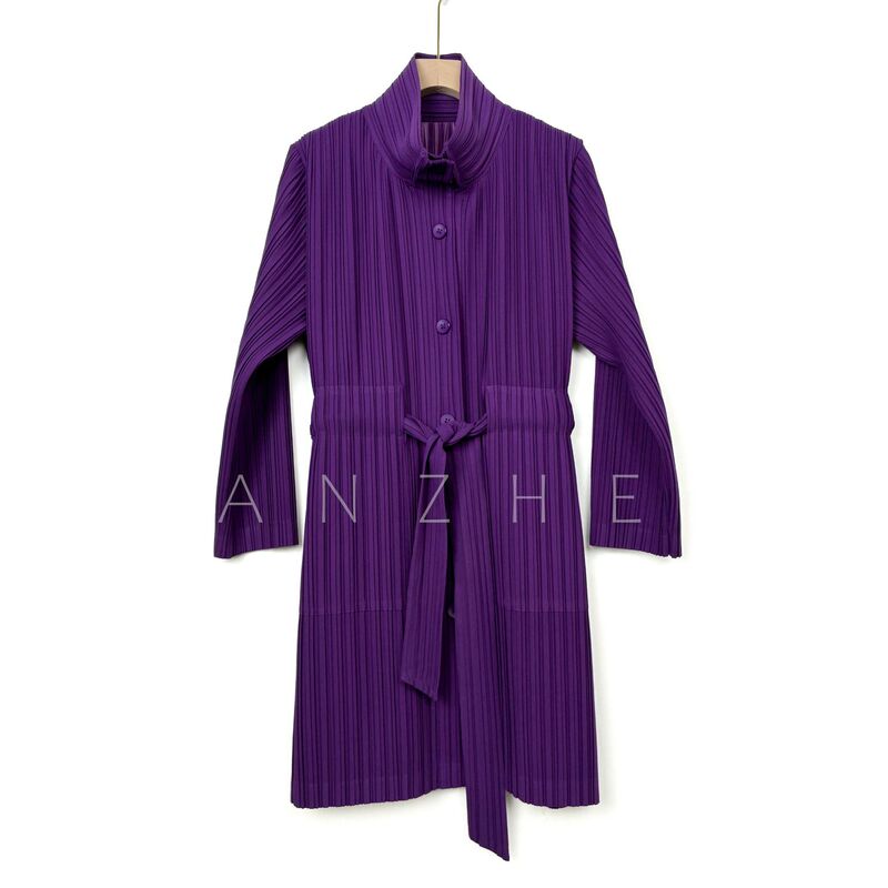 Miyake Pleated 2026 Autumn New Solid Color Long Sleeve KK Pleated Long Trench Coat with Tie-Waist Slimming Stand-Up Collar Miyake Pleated 2026 Autumn New Solid Color Long Sleeve KK Pleated Long Trench Coat with Tie-Waist Slimming Stand-Up Collar