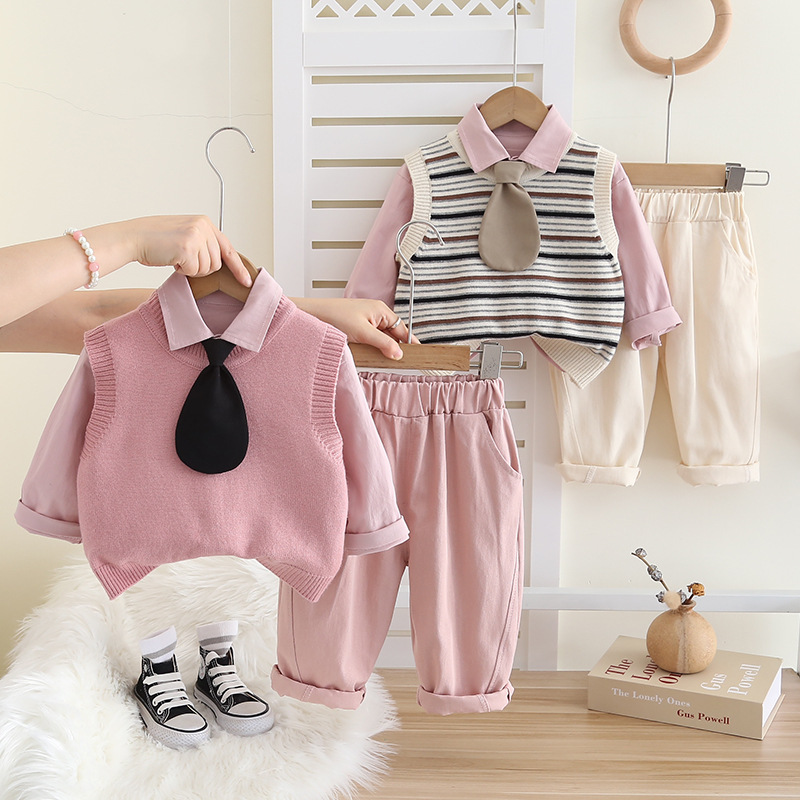 Girls' Spring and Autumn suit 2024 New Children's Dress Western Style Male Baby's Autumn Dress Solid Color Sweater Vest Three-Piece Trendy