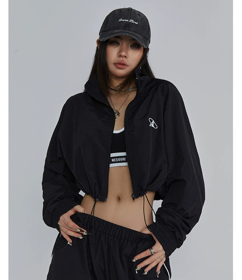 Sports jacket women, long-sleeve American style, embroidered, loose fit cropped with drawstring