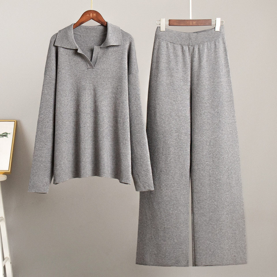 Bộ đôi áo len dệt kim cổ Polo tay dài và quần ống rộng — Màu kaki, Màu đen, Trắng be, Xanh lam Sương Khói chi tiết 8