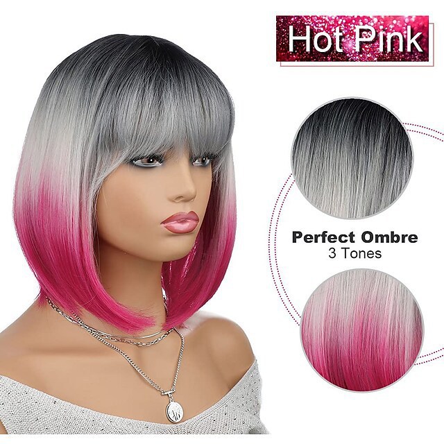 Syntetisk bobo peruk svart grå lila gradient värmebeständig_voghion.com