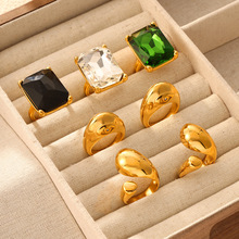 欧美气质方块祖母绿锆石戒指潮酷个性嘻哈钛钢指环设计感轻奢饰品
