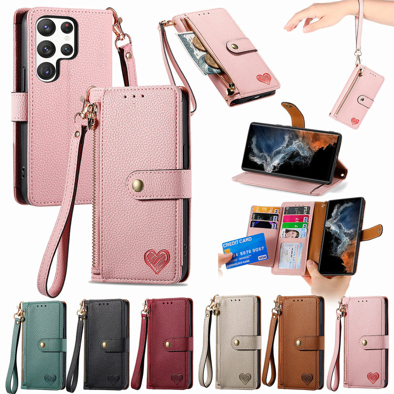 New love left and right zipper leather case for Samsung S23 multi-card slot A43 anti-theft brush M54 flip cover protective case