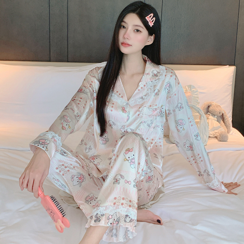 日系甜美ins休闲轻奢冰丝睡衣女春秋薄款长袖长裤家居服套装批发|undefined