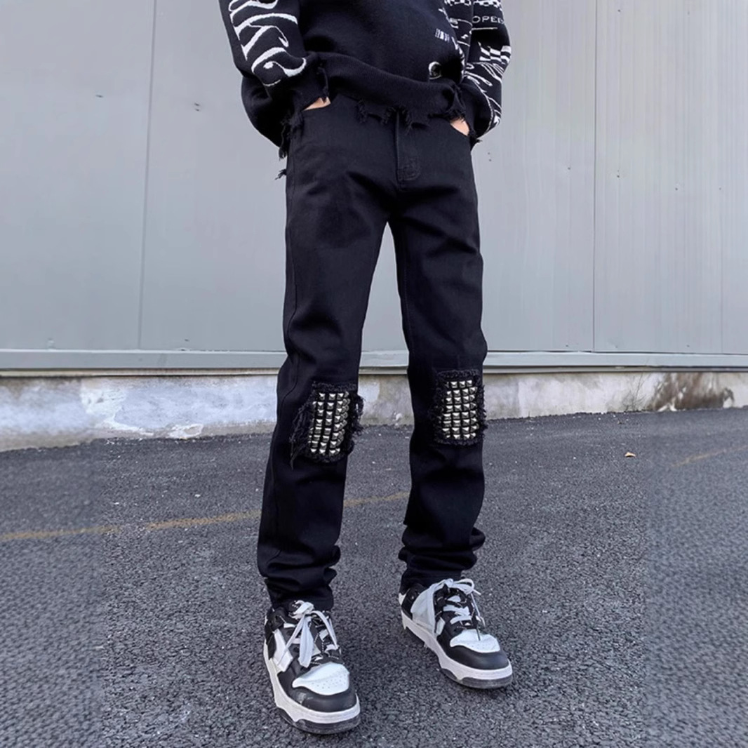 2025 Spring And Autumn Versatile Fashion Black Distressed Design Jeans Washed Wear-resistant Youth Long Pants Men's Cool_mkmklike.com