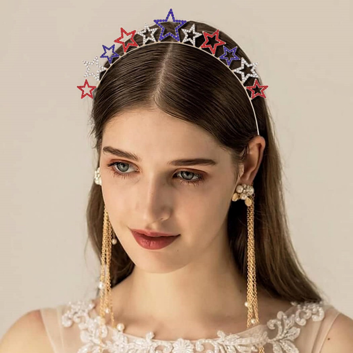 Día de la Independencia de los Estados Unidos aleación de diamante estrella pentagonal bandera del día nacional fiesta de la corona tridimensional adornamiento para el pelo