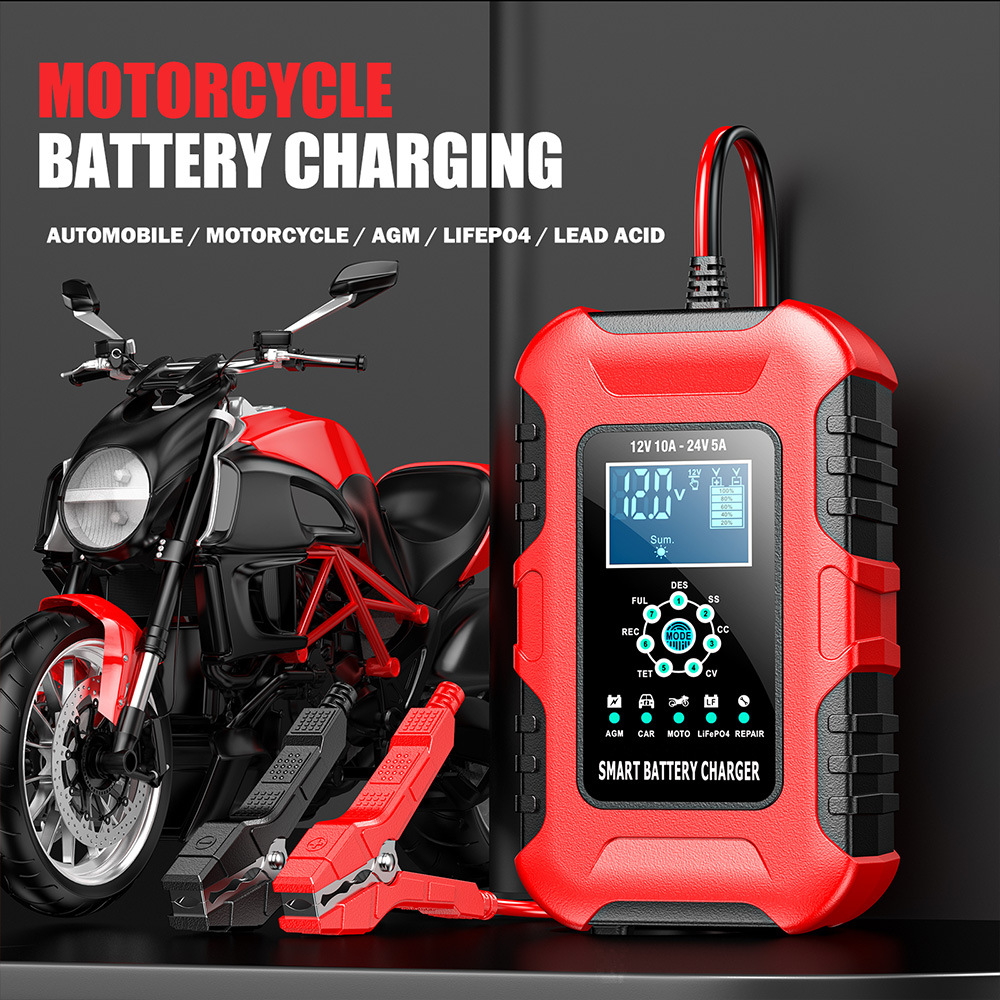 12V10A 24V5A battery charger, lead-acid battery charging and pulse repair device, red, European standard