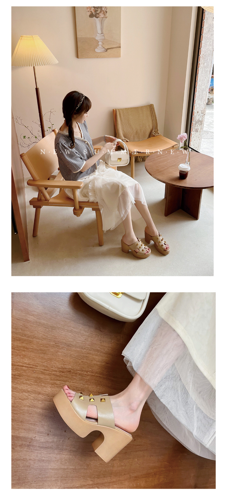 Sandal cao gót nữ hở mũi đinh tán phong cách châu Âu, gót thô đế xuồng, dáng lười tiện lợi — màu mơ chi tiết 7