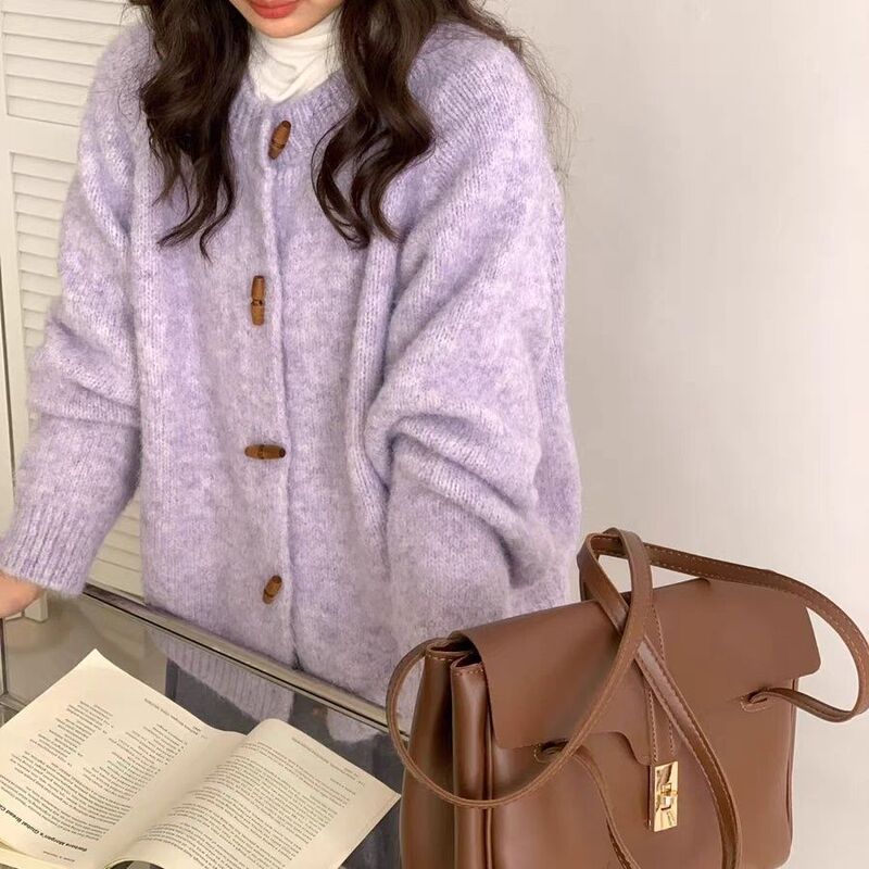 Gentle Taro Purple Sweater Jacket for Women in Autumn and Winter Thickeneded Japanese Style Retro Horn Button Soft Waxy Outer Knitted Cardigan